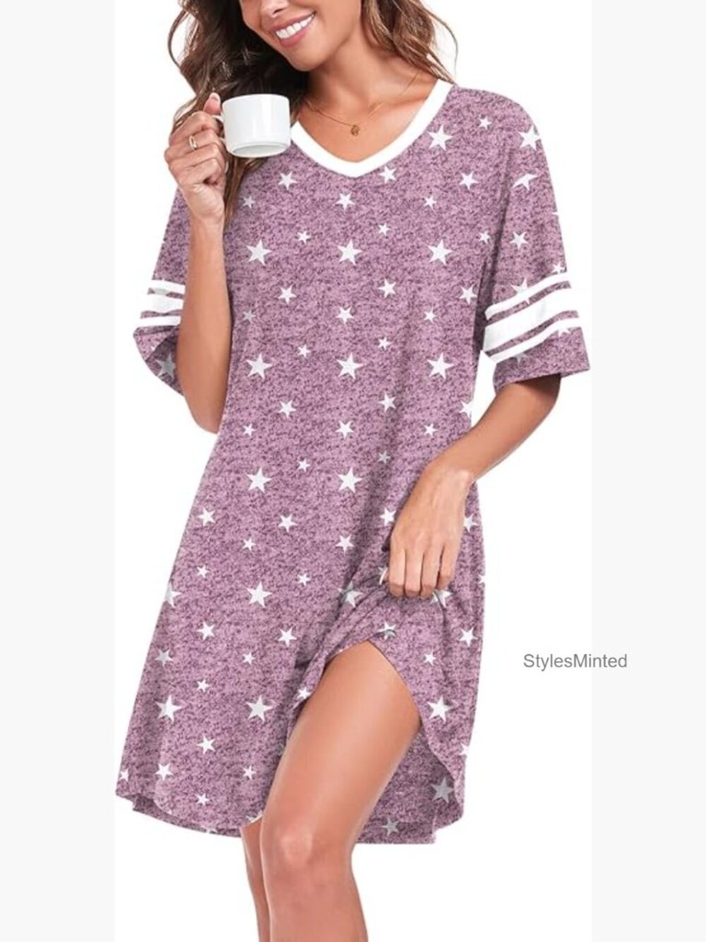 Women's V-Neck Short Sleeve Sleep Dress Nightgown Loose Fit